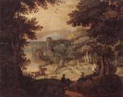 unknow artist a wooded landscape with a hunting party at the edge of a lake,a castle beyond oil painting